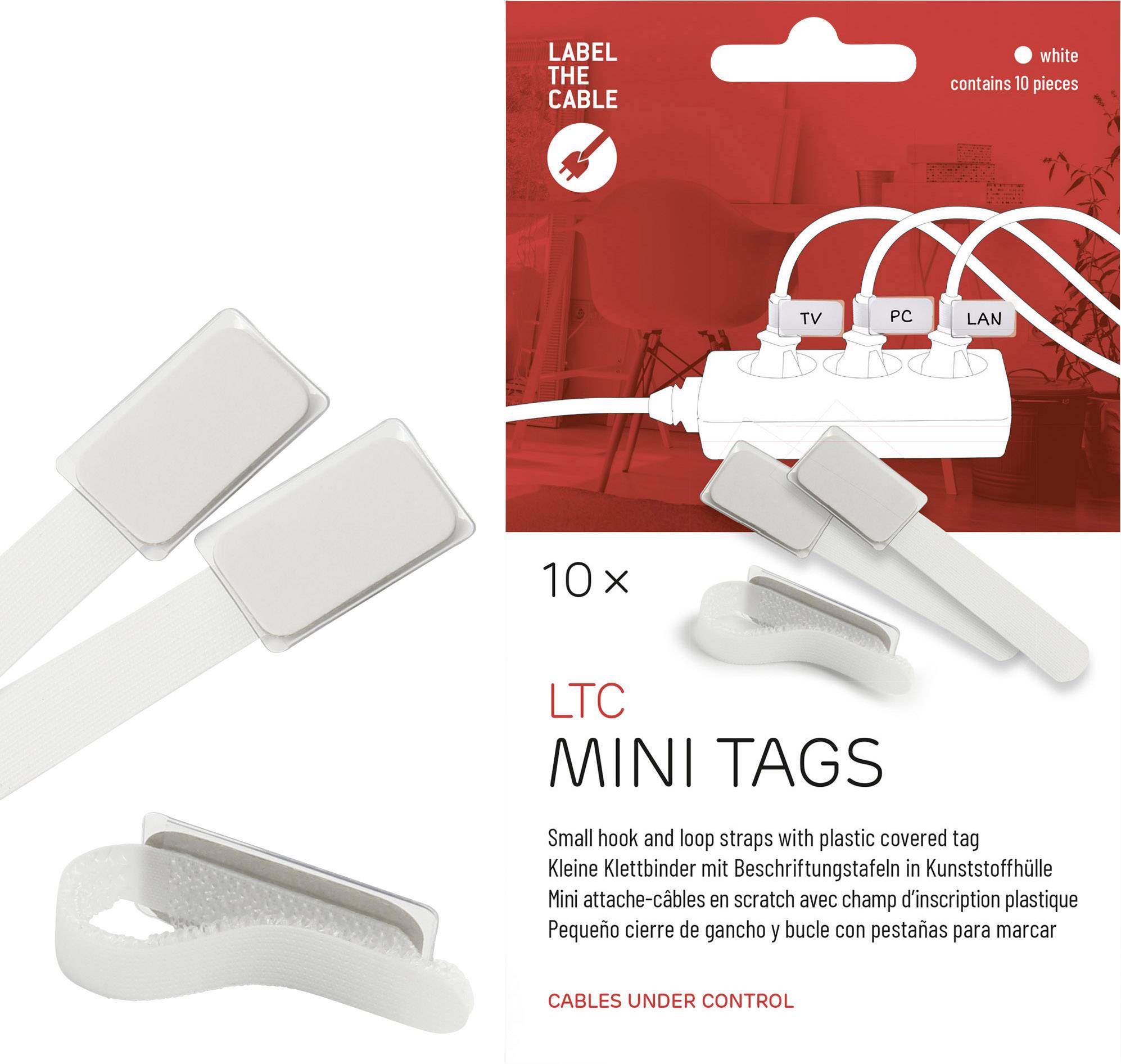 L'emballage indique "LTC Mini Tags", des attache-câbles avec une protection en plastique, lot de 10 pièces. Idéal pour organiser différents types de câbles.