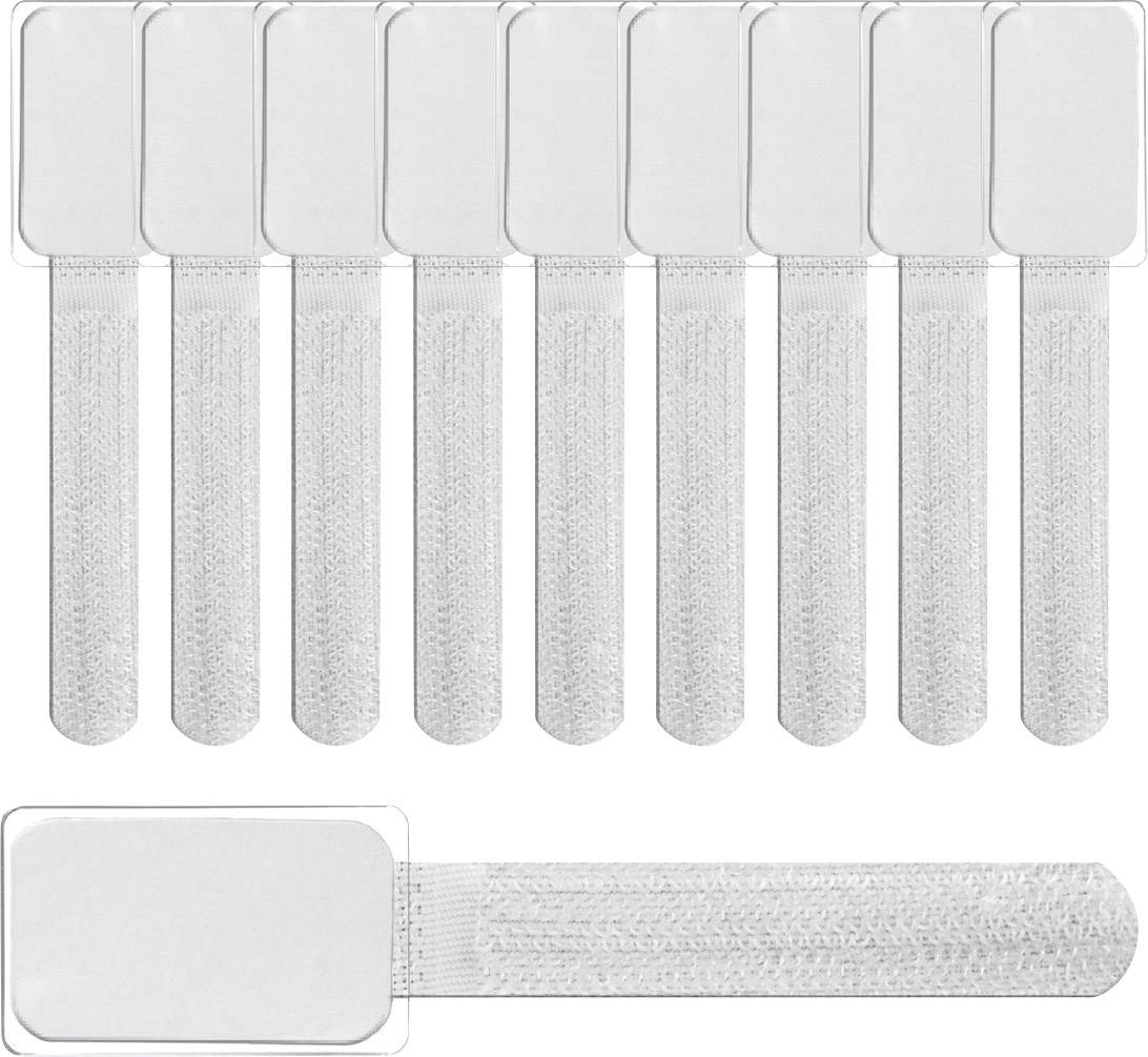 Dix attaches-câbles blanches avec fermeture auto-agrippante, alignées, chacune dotée d'une extrémité rectangulaire pour étiquetage. Idéales pour l'organisation des câbles.
