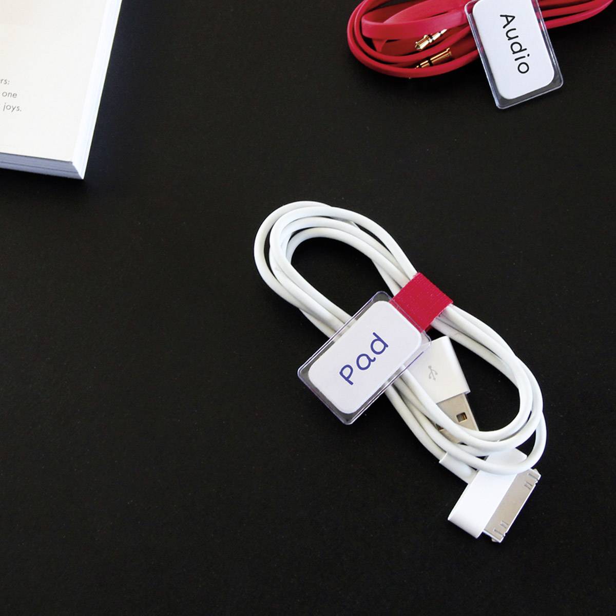 Un câble USB blanc avec une étiquette 'Pad' et un câble rouge avec une étiquette 'Audio' sont posés sur une table noire.