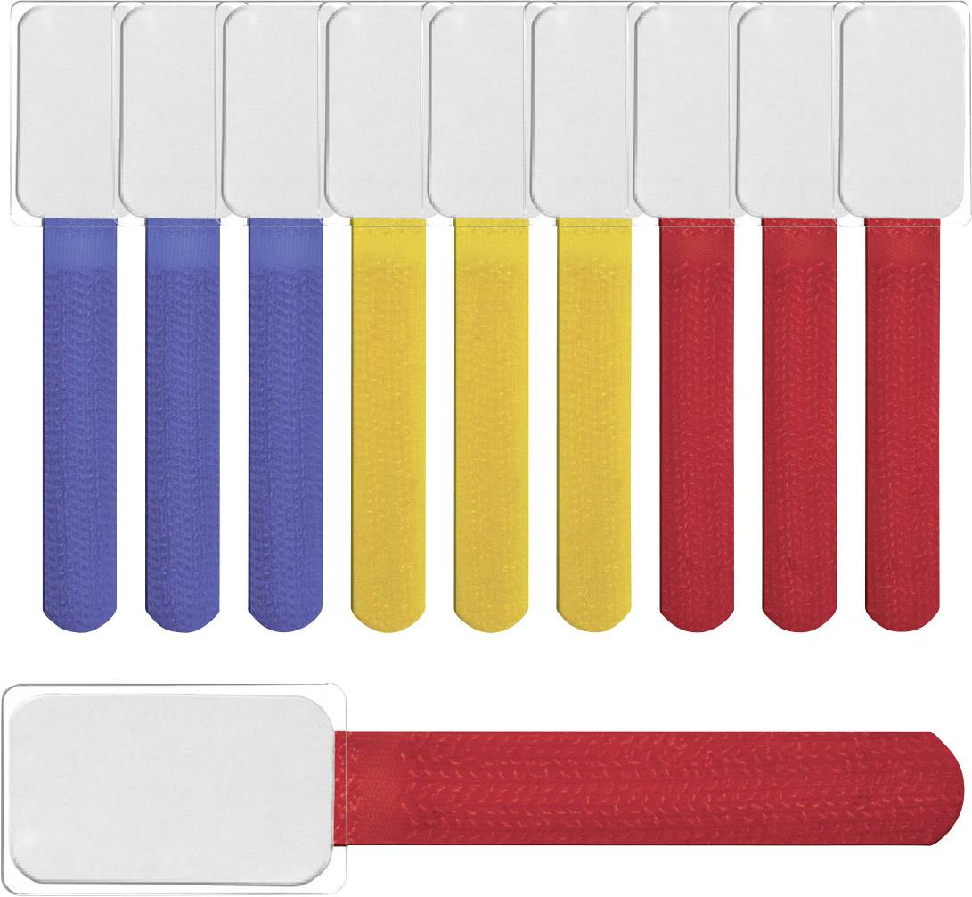 Plusieurs bracelets de type scratch en bleu, jaune et rouge, avec des étiquettes blanches, disposés côte à côte.