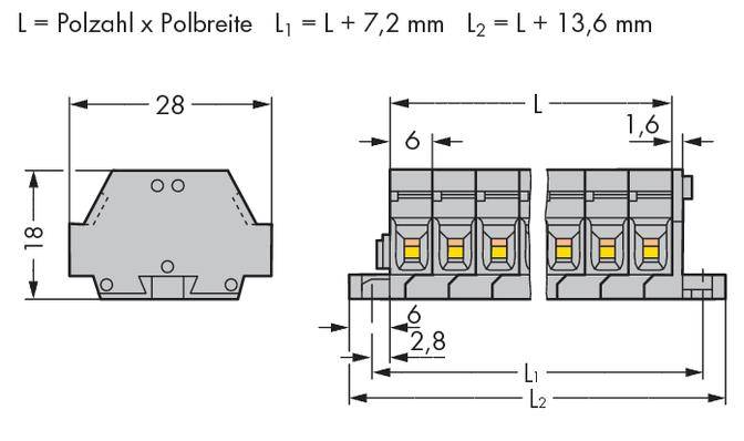 Dessin technique d'un connecteur avec dimensions. La hauteur est de 18 mm, la largeur de 28 mm. Des détails sur les longueurs L, L1, L2 sont indiqués.
