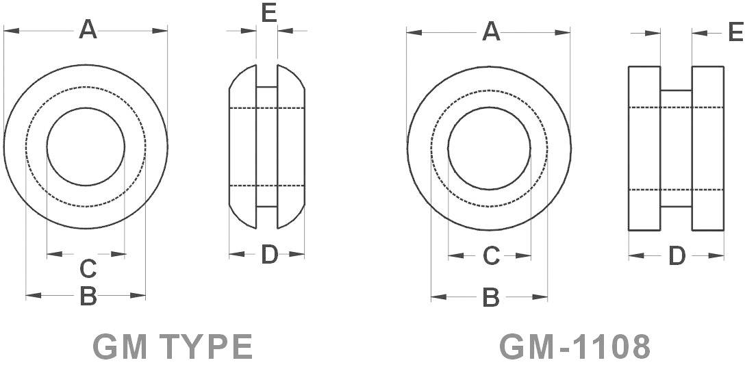 Dessin technique de deux bagues de palier différentes, TYPE GM et GM-1108, avec les dimensions A, B, C, D, E marquées.