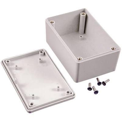Boîtier électronique en plastique, rectangulaire, avec couvercle amovible et quatre vis, destiné à être utilisé dans des projets électroniques.
