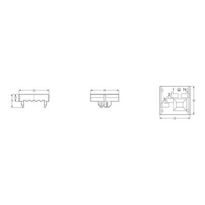 Dessin technique d'un composant électronique avec dimensions : 30x30 mm. Présente une vue de face, une vue latérale et un schéma de câblage avec les connexions.
