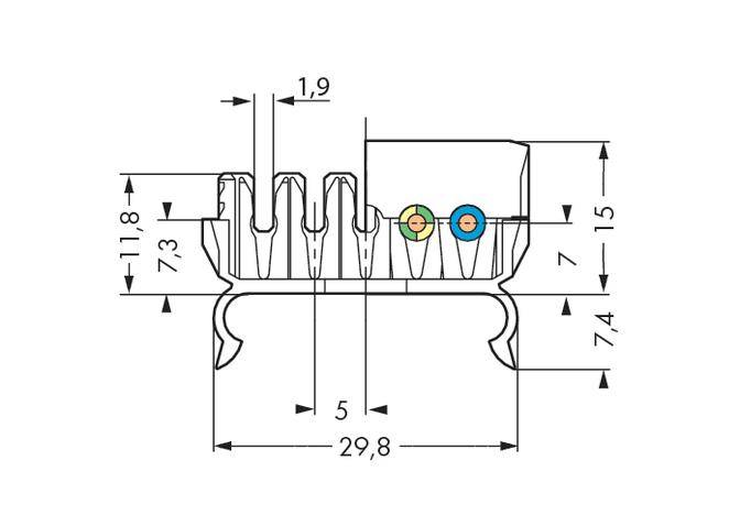 Dessin technique d'un connecteur avec dimensions : largeur 29,8 mm, hauteur 11,8 mm, profondeur 7,3 mm, positions de contacts marquées.