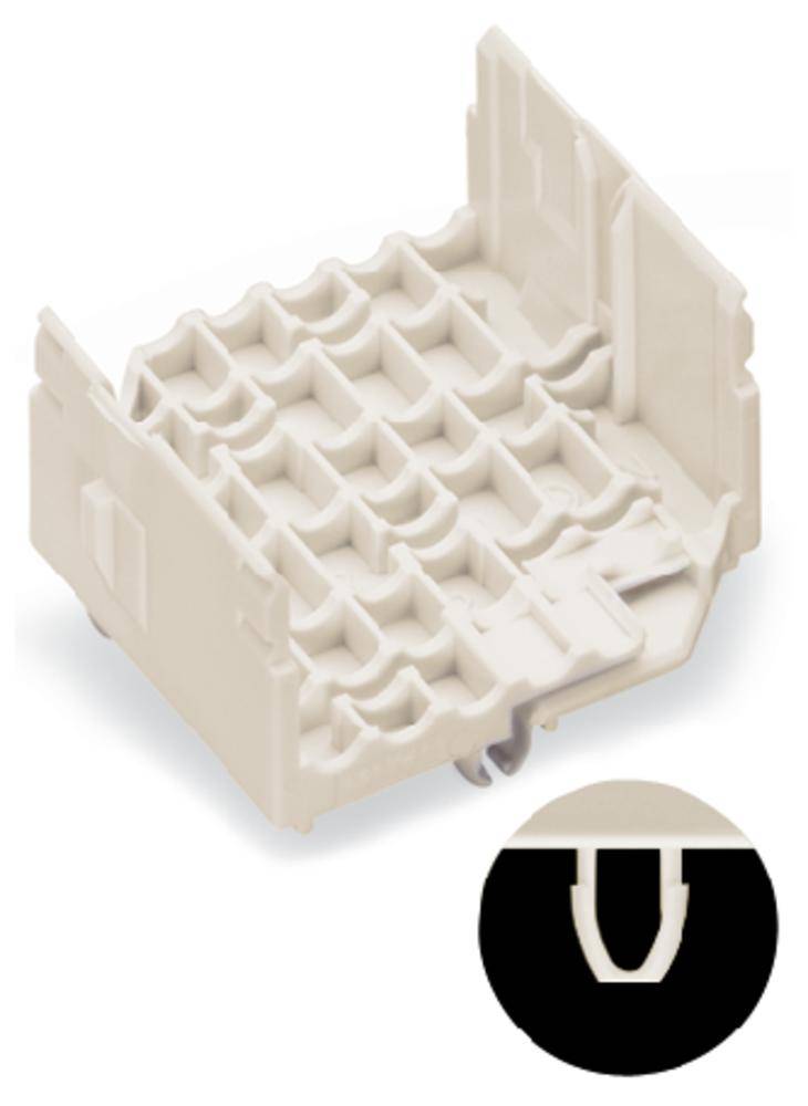 Support de câbles en plastique avec plusieurs compartiments rectangulaires pour l'organisation des câbles, avec une vue schématique à côté.