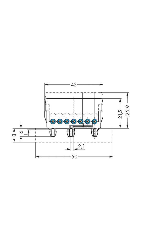 Dessin technique d'un connecteur avec dimensions en millimètres : largeur 50, hauteur 25,9, espacement de 2,5 entre les broches.