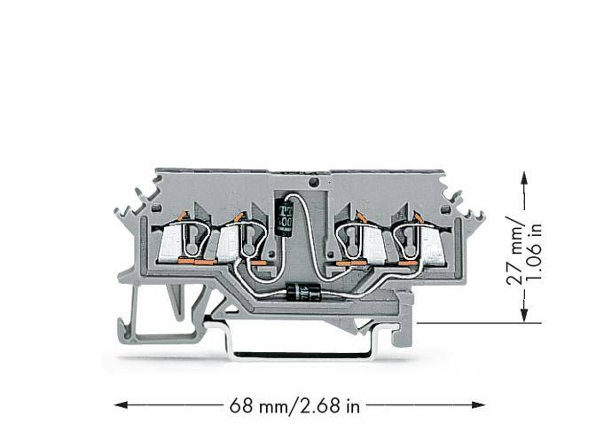 Une coupe transversale d'un bloc de bornes électrique en série avec les dimensions suivantes : largeur 68 mm (2,68 pouces), hauteur 27 mm (1,06 pouces).