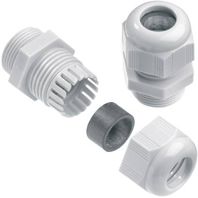 Plusieurs presse-étoupes en plastique, composés d'un boîtier, d'un joint d'étanchéité et d'un écrou de serrage, présentés sous différents angles.