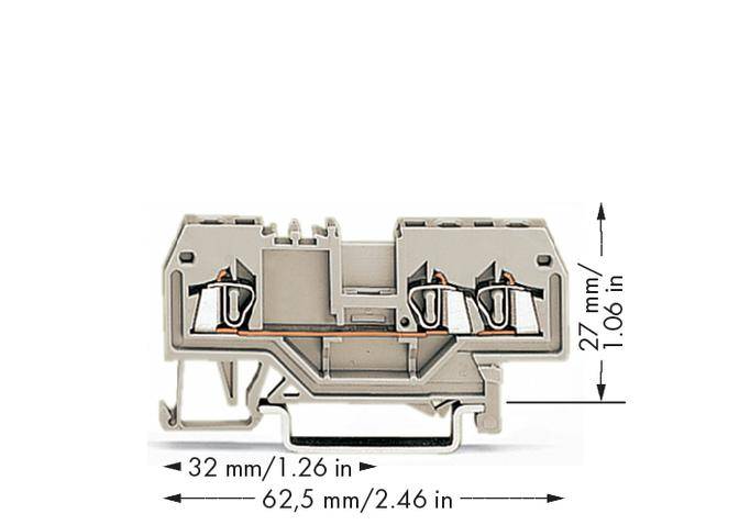 Borne industrielle de dimensions 32 mm x 27 mm x 62,5 mm. Adaptée aux connexions électriques, avec deux supports de câbles en haut.