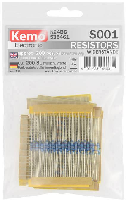 Emballage plastique contenant environ 200 résistances codées par couleur de différentes valeurs, de Kemo Electronic, référence article S001.