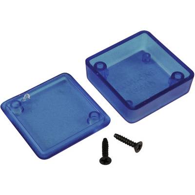 Une boîte en plastique transparente bleue, ouverte et présentée avec son couvercle séparé. Deux vis noires sont disposées à côté.