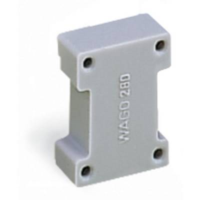 Pièce en plastique grise, de forme rectangulaire, avec quatre perçages aux angles et inscription en relief 'WAGO 280'.
