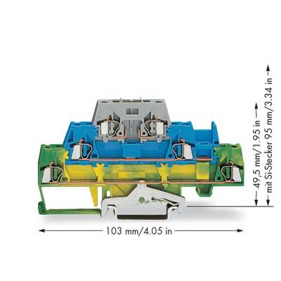 Barrette de connexion à rangée avec des composants de boîtier bleus et verts, dimensions : 103 mm/4,05 po de largeur, 49,5 mm/1,95 po de hauteur, 95 mm/3,74 po avec connecteur Si.