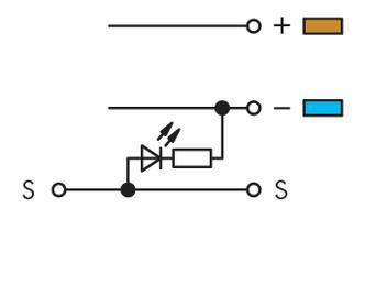 Schéma de circuit avec une diode et une résistance en série, connectées entre une borne positive et une borne négative, ainsi que deux interrupteurs.
