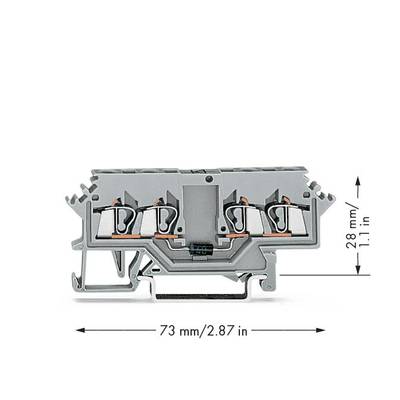 Bride électrique grise d'une largeur de 73 mm et d'une hauteur de 28 mm, avec points de connexion latéraux visibles.