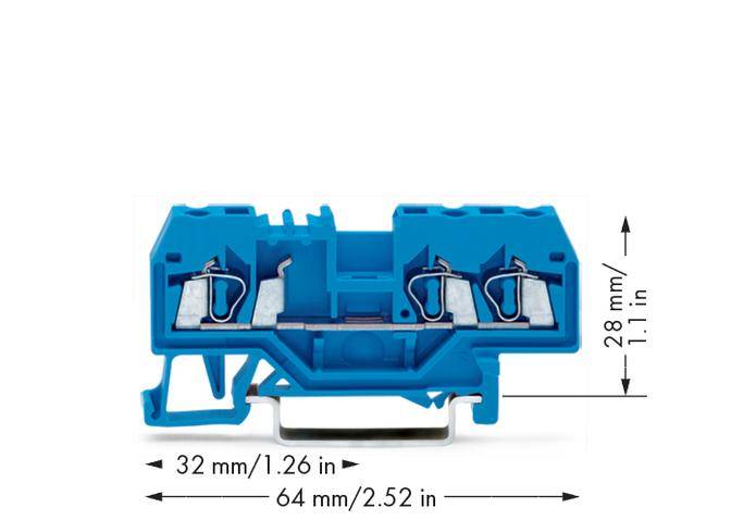 Connecteur électrique bleu de serrage, mesurant 32 mm x 28 mm x 64 mm, adapté pour la connexion de deux câbles.