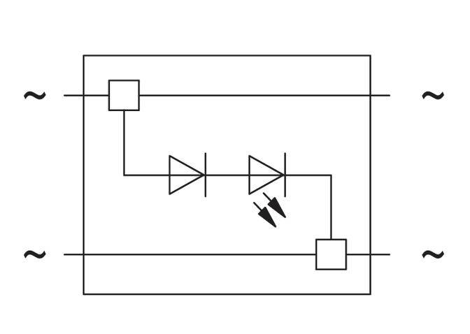 Schéma de circuit d'un redresseur à deux diodes et une diode électroluminescente en série, montrant la direction du flux de courant du courant alternatif au courant continu.
