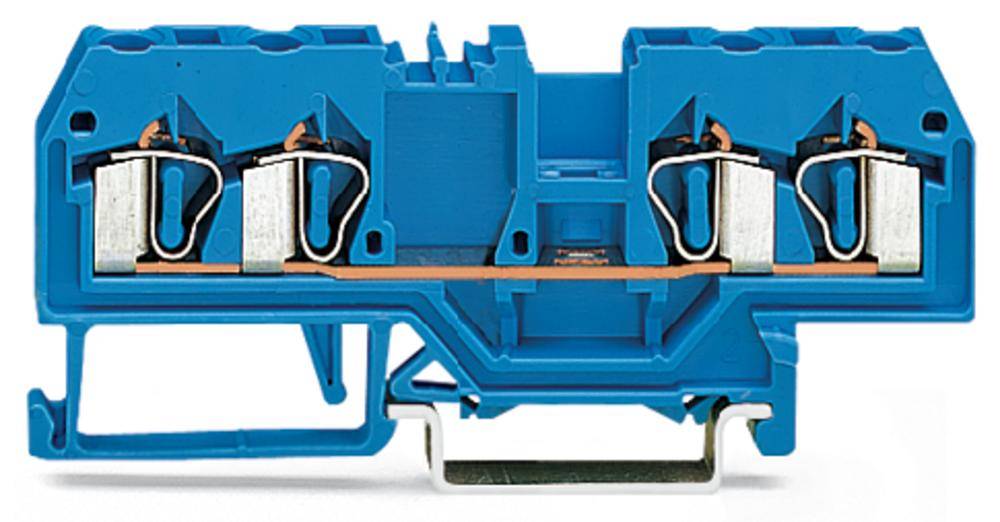 Un bornier à deux étages de couleur bleue, avec des contacts métalliques, utilisé pour le câblage dans les armoires électriques.