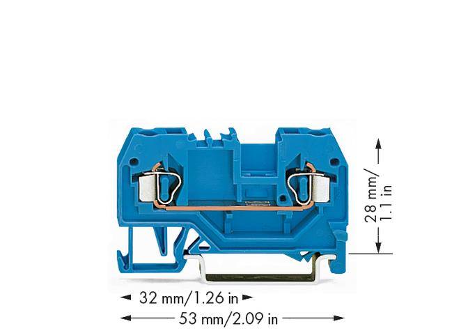 Bloc de connexion électrique bleu à deux entrées, dimensions : 32 mm de largeur, 28 mm de hauteur, 53 mm de longueur.
