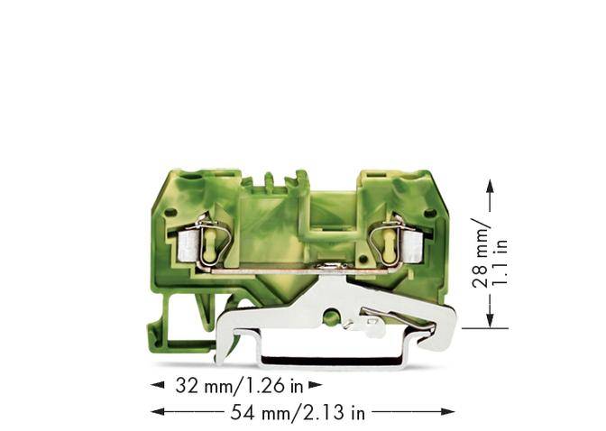 Borne de raccordement verte au premier plan, dimensions de 32 mm/1,26 po de largeur et 28 mm/1,1 po de hauteur.