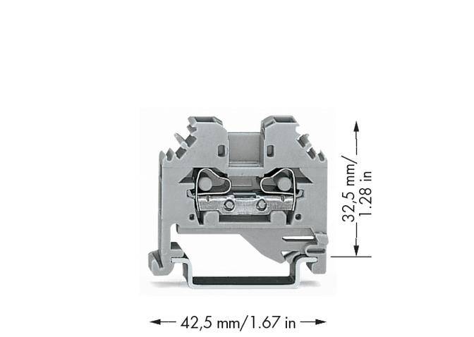 Illustration d'un bloc de bornes gris avec des dimensions de 42,5 mm de largeur et 32,5 mm de hauteur. Présente des composants de connexion en métal.