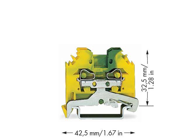 Borne jaune-verte de 42,5 mm de large et 32,5 mm de hauteur. Adaptée à la fixation sécurisée des câbles.