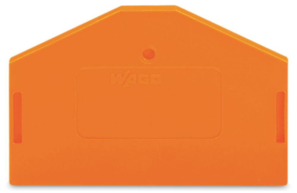 Boîtier isolant en plastique orange de forme rectangulaire avec des coins supérieurs chanfreinés. Un rectangle est gravé dans la zone médiane inférieure.