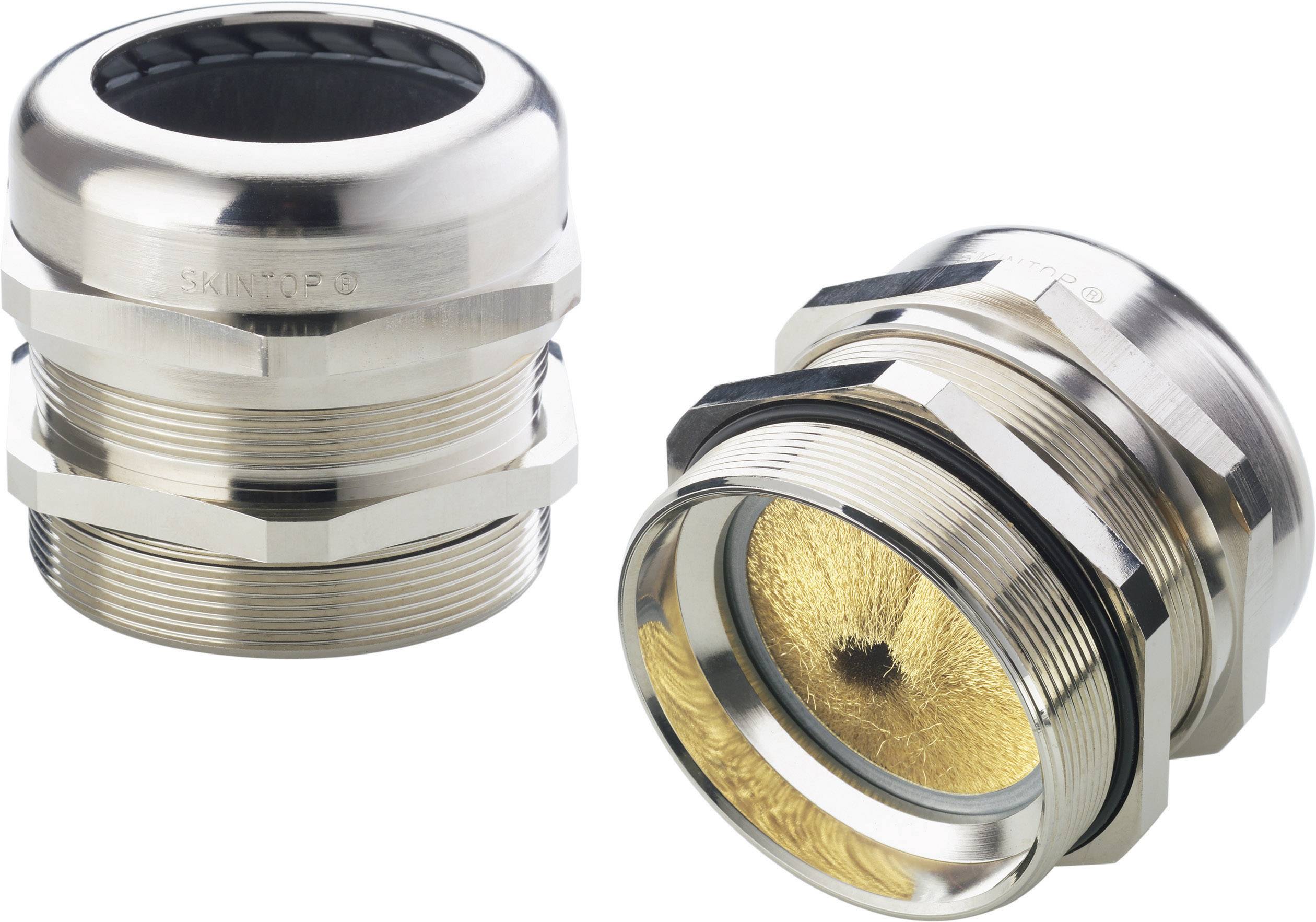 Deux presse-étoupes métalliques : un visible de côté et un visible de face. Ils sont fabriqués en métal brillant avec des filetages et des joints d'étanchéité.