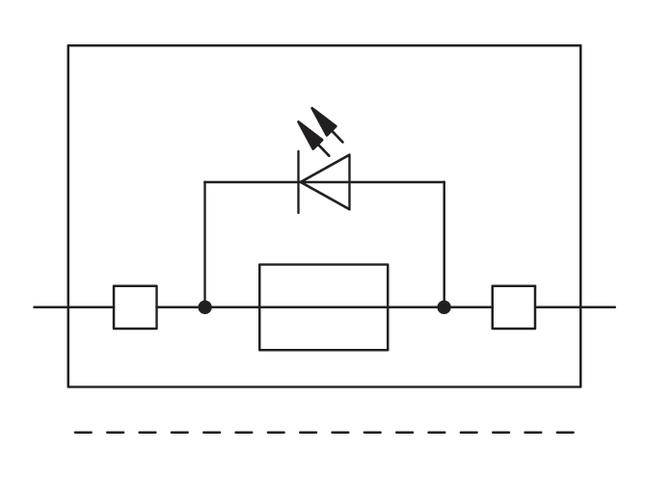 Symbole de commutation d'une diode à deux ports et avec un encadré marche/arrêt. Utilisé pour représenter un circuit électrique dans des diagrammes techniques.