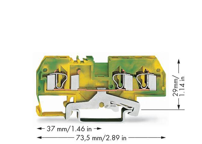 Connexion électrique à bornes avec les dimensions suivantes : largeur 73,5 mm, hauteur 29 mm, profondeur 37 mm, présentée en coupe transversale colorée.
