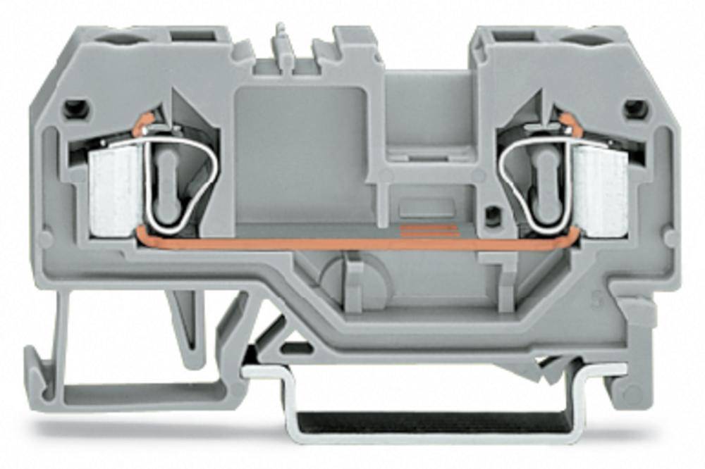 Bloc de connexion électrique gris-orange, montrant le câblage interne et le mécanisme de serrage. Adapté aux applications industrielles.