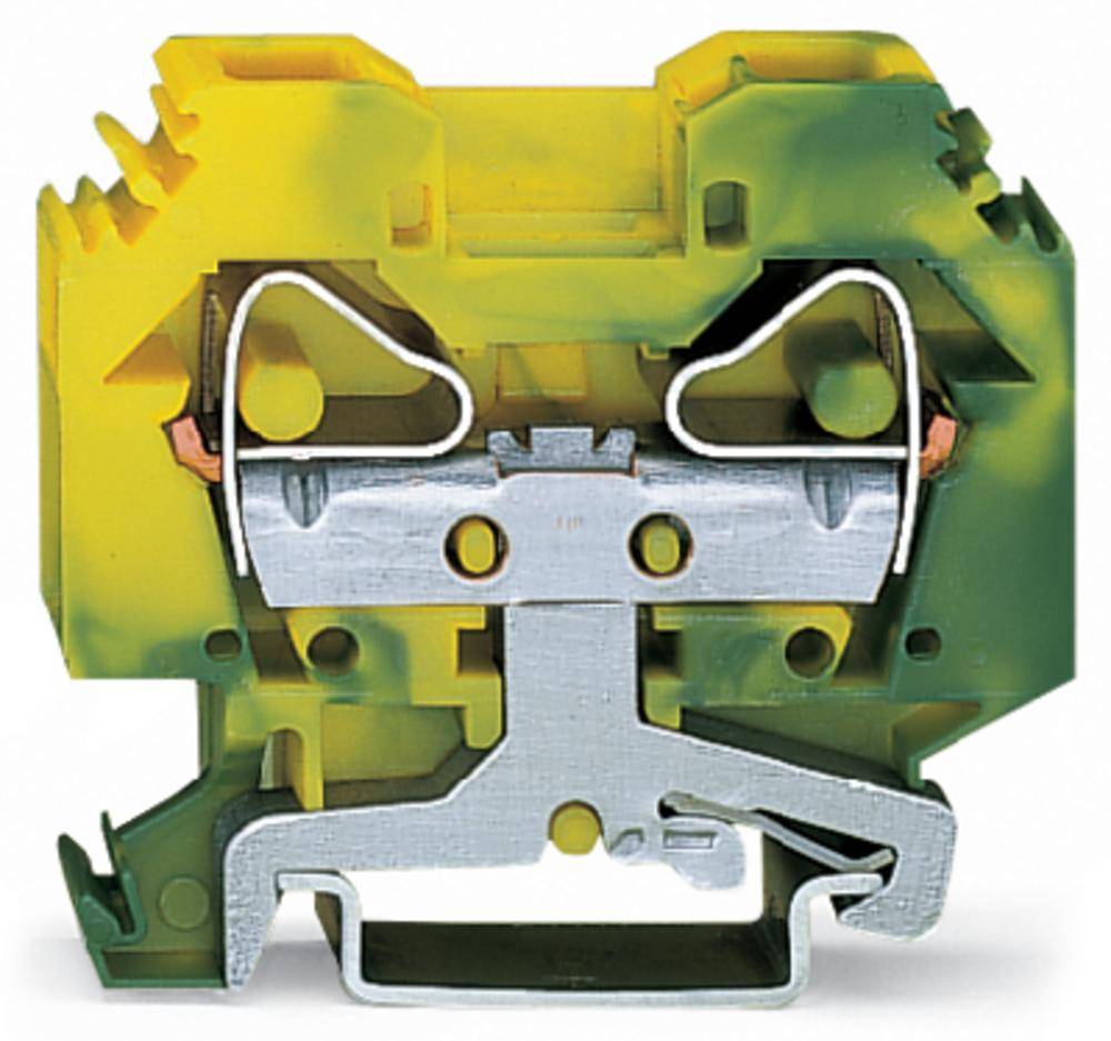 Un composant de connecteur métallique jaune-vert avec deux pinces métalliques qui ancrent des conducteurs électriques.