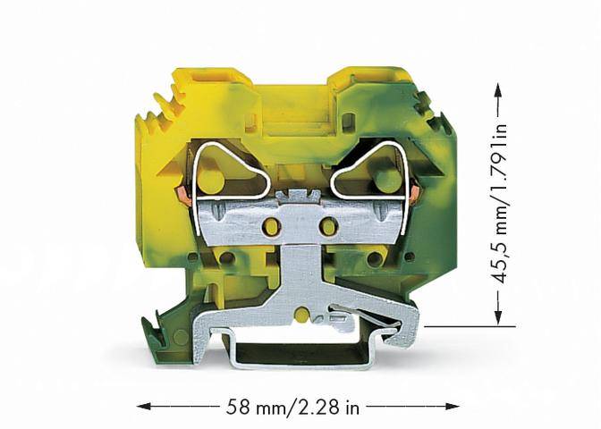 Une borne de raccordement jaune-verte avec des parties métalliques. Les dimensions sont de 58 mm (2,28 pouces) en largeur et 45,5 mm (1,79 pouces) en hauteur.