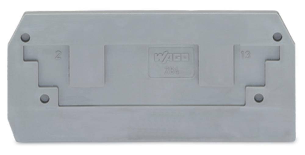 Plaque de couverture en plastique grise portant l'inscription 'WAGO' au centre. En haut à gauche et à droite sont gravés les chiffres 2 et 13.