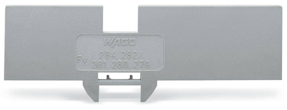 Couvercle gris pour un bloc de bornes de raccordement portant l'inscription 'WAGO 264-282'. Utilisé pour l'isolation électrique.