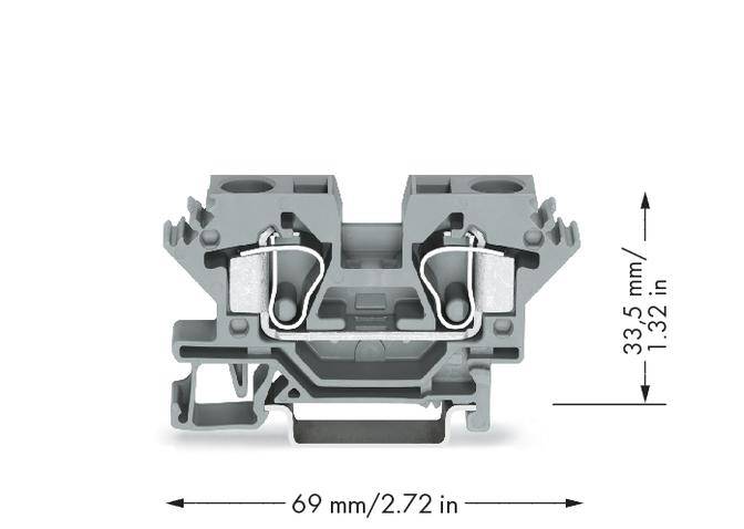 Vue en coupe transversale d'un connecteur électronique gris, de dimensions 69 mm de largeur et 33,5 mm de hauteur, montrant ses structures internes et ses bornes.