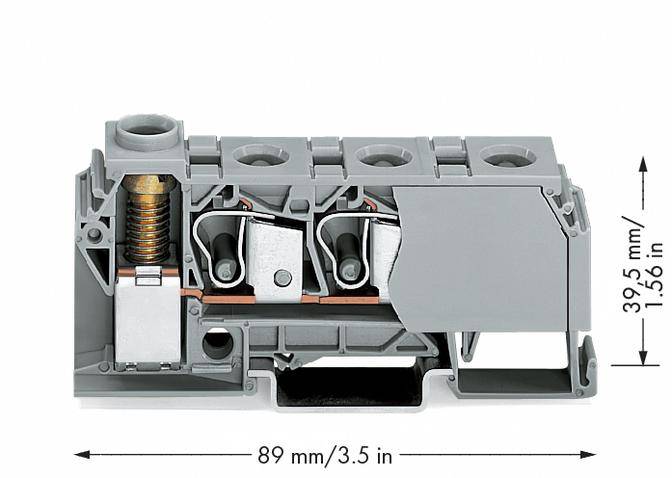 Un connecteur électrique gris avec des dimensions de 89 mm de largeur et 39,5 mm de hauteur. Des bornes et des composants métalliques sont visibles.