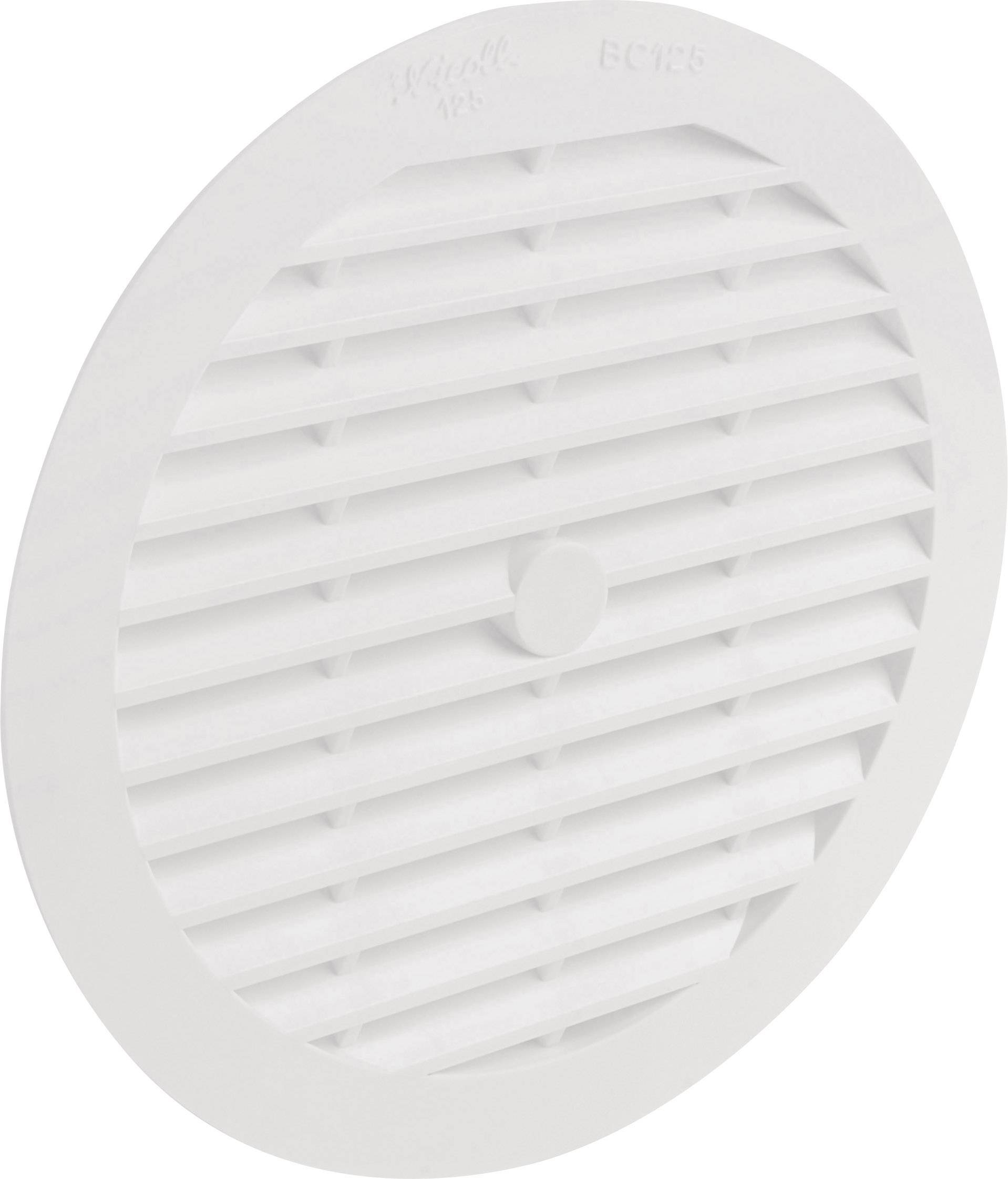 Grille de ventilation ronde blanche en plastique avec lamelles horizontales, utilisée pour la ventilation ou la couverture d'ouvertures.