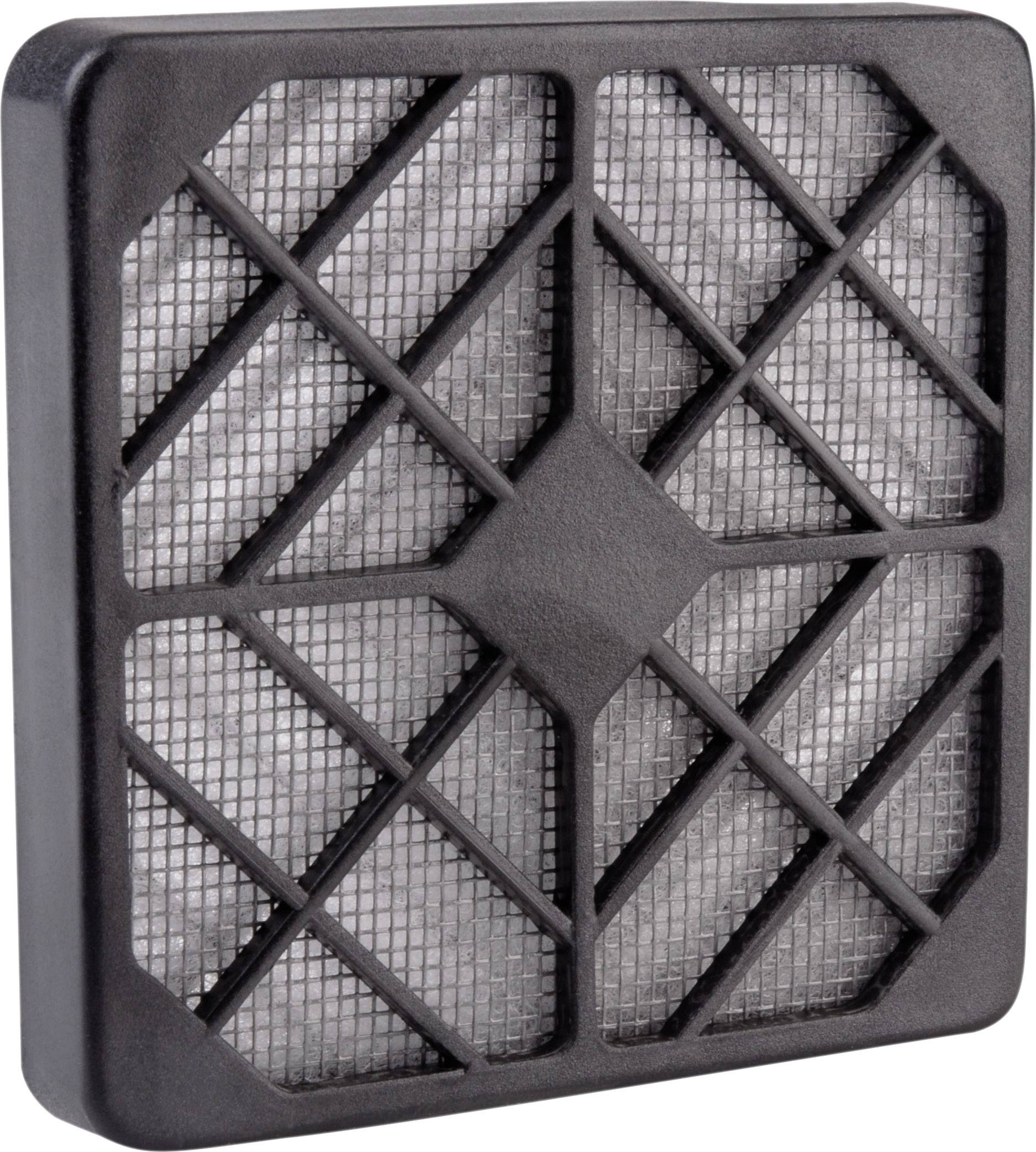 Un filtre à air rectangulaire avec un cadre en plastique noir et un motif de grille diagonal révèle le matériau de filtration fin à l'intérieur.