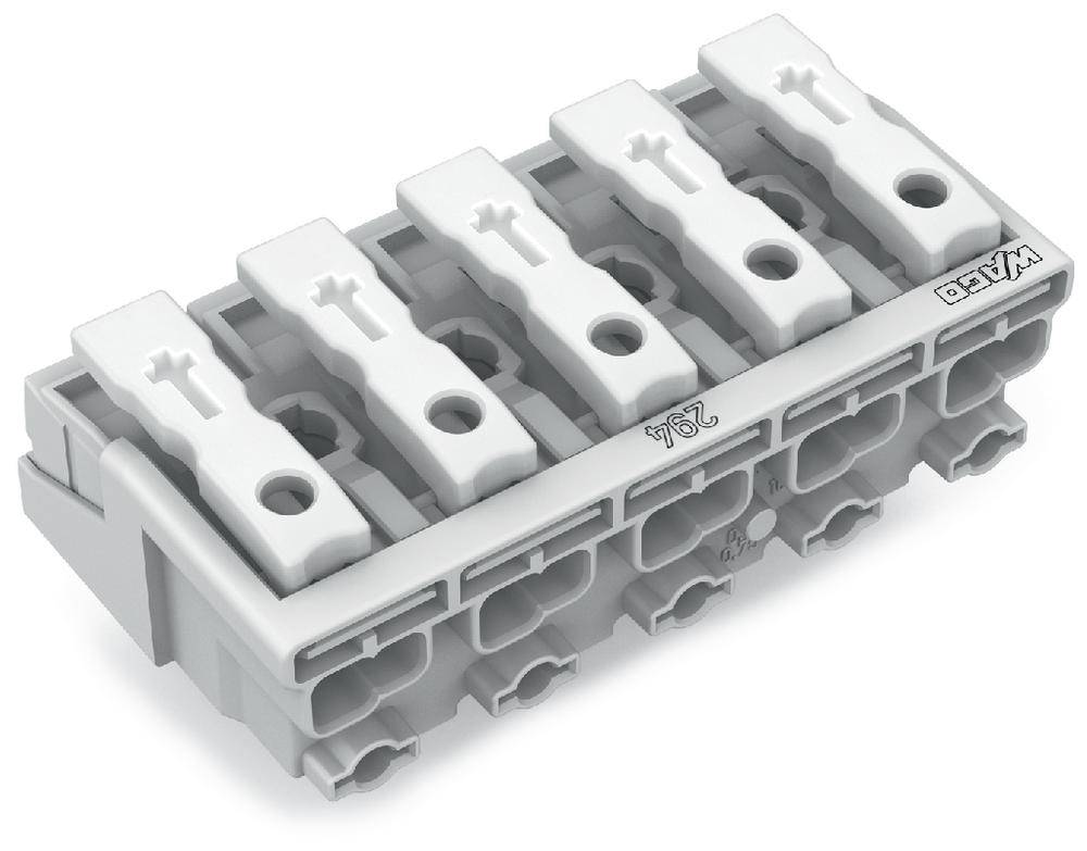 Un connecteur multibroche gris avec cinq leviers blancs pour la connexion électrique de fils. Le nom de marque et le numéro de produit sont gravés.