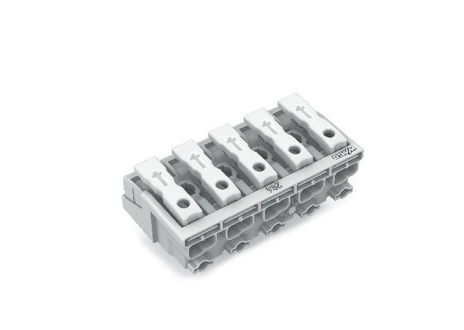 Un connecteur électrique avec cinq bornes de connexion blanches à clip, adapté pour la connexion de fils dans un circuit électrique.