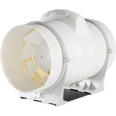 Un ventilateur blanc de forme cylindrique avec une pale visible, monté sur un support, probablement destiné à la ventilation.