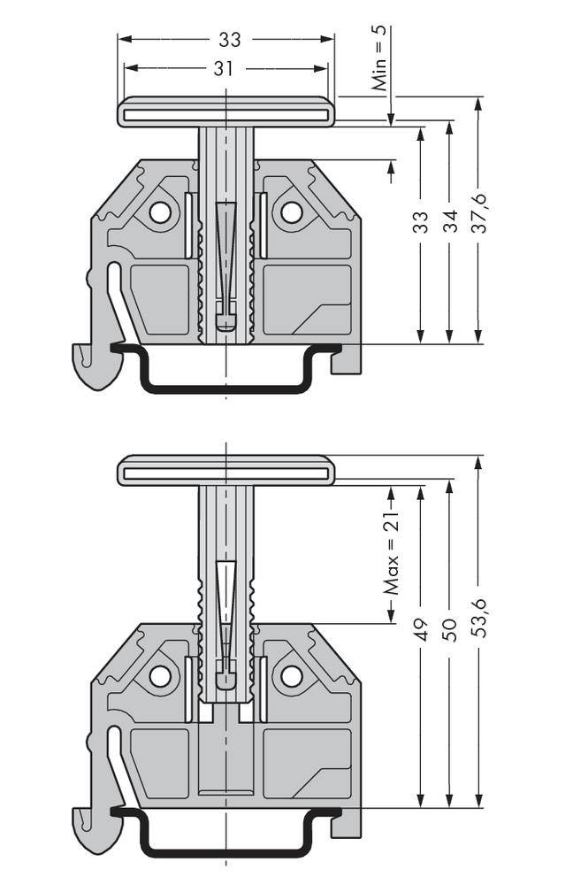 'Dessin technique de profils de bornes avec des dimensions en millimètres, présentant deux configurations différentes et leurs mesures.'