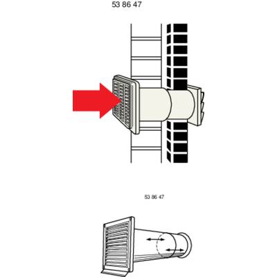 Le diagramme montre un système de ventilation avec une grande flèche rouge indiquant la direction du flux d'air. Les nombres '53 86 47' sont écrits en haut et en bas.