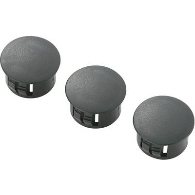 Trois couvercles ronds noirs en plastique avec des clips latéraux pour obturer les ouvertures dans les meubles ou les appareils.