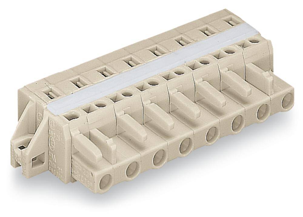 Barrette de connexion multipolaire avec boîtier en plastique beige, adaptée pour la connexion électrique de plusieurs câbles.
