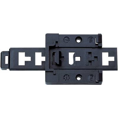 Un adaptateur de rail DIN en plastique noir pour le montage d'appareils électriques sur des tableaux de distribution.