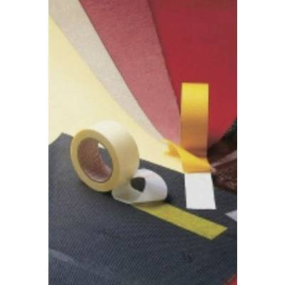 Un rouleau de ruban adhésif est posé sur un fond sombre, à côté de bandes de tissu jaunes et rouges.