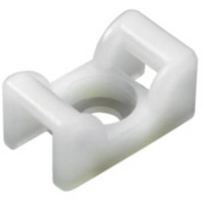 Une petite pièce en plastique blanc de forme rectangulaire avec une ouverture centrale, probablement un support ou un serre-câble.